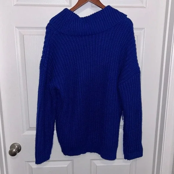 Calvin Klein Women's Sweater XL Cable Knit Chunky Turtleneck Cobalt Blue Fringe - Picture 3 of 8